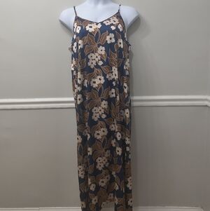 Point Floral Maxi Slip Dress Navy Brown Size XL Summer Casual Preppy Travel Work